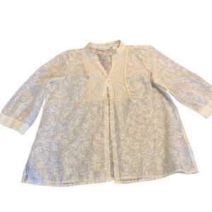 J.H. Collectibles Women’s Sheer Ivory 3/4 Sleeve Velvet Trim Button Front Top XL